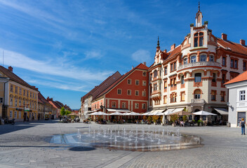 Famous main square Glavni trg of Maribor the second largest city in Slovenia with a fountain