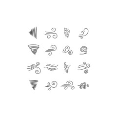 Wind weather and environment, nature icon set. Natural movement of the air symbols. Vector line art illustration isolated on white background.