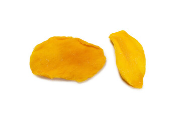 Dry tasty mango slices isolated on a white background.