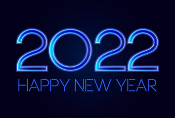 Fototapeta na wymiar 2022 Happy New Year Neon Sign. Holiday Banner template. Modern realistic neon lights greeting card.