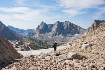 Trekking into the stunning Cirque of Towers, seen from Texas Pass, Wind River Range, Wyoming, USA