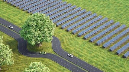 Green infrastructure equipped with a solar field and road avoiding a large tree. 