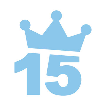 Vector illustration of 15th birthday party light blue clip art icon - Number fifteen with a crown