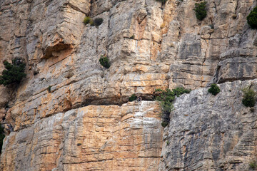 Rocky mountains with vultures  Las Balagueras reservoir in Rubielos de Mora Teruel Aragon Spain