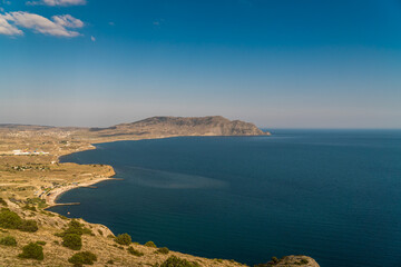 The Republic of Crimea. July 18, 2021. View of Cape Meganom from the height of Mount Alchak in Sudak.