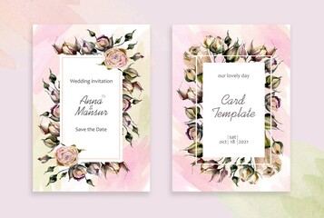 Watercolor wedding invitation with beige and pink roses on a background with watercolor stains