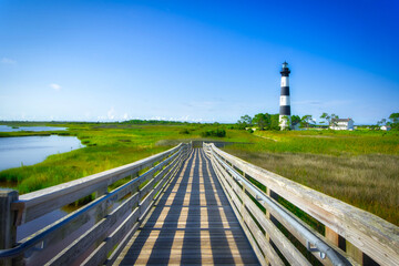 A view down the boardwalk at the Bodie Island Lighthouse in North Carolina, Outer Banks OBX. Bodie...