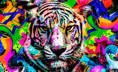 Fototapeten colorful artistic tiger muzzle with bright paint splatters on dark background. © reznik_val
