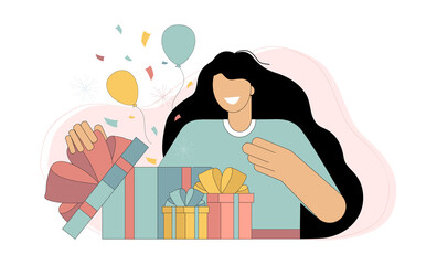 Congratulations on the holiday, good luck, birthday. A joyful woman opens a gift box and looks at the festive confetti thrown out of it. Vector flat illustration