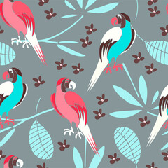 Stylized exotic birds seamless pattern. Vector illustration in bright colors. Template for fshion print.