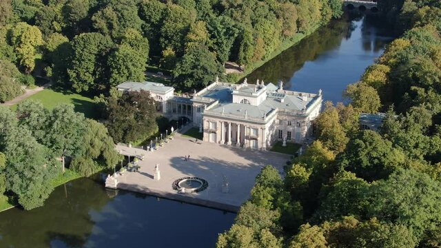 Aerial view of Palace on the Water in Warsaw Royal Baths (Lazienki Park), Poland
