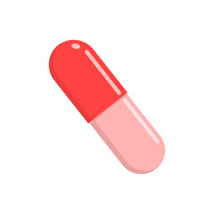 Red medicine capsule isolated on white background. Painkiller or antibiotic. Medical therapy concept. Vector cartoon illustration.