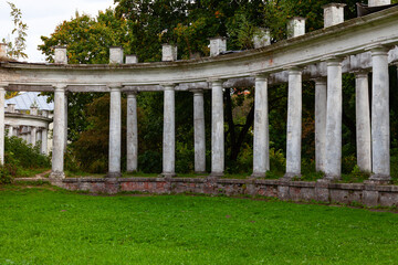 The dilapidated colonnade of the Pekhra-Yakovlevskoye estate of the Golitsyn princes in Balashikha,...