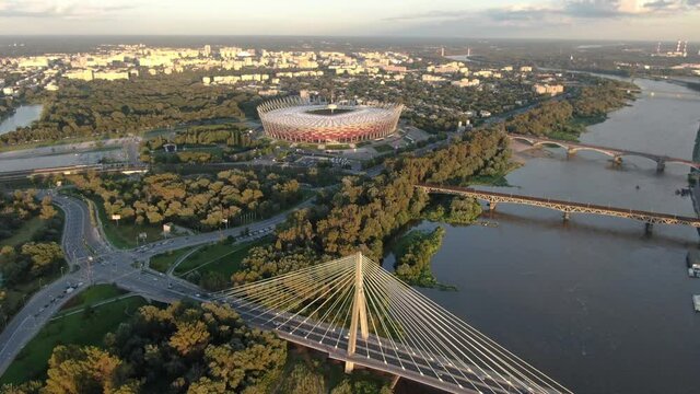 Drone view of Swietokrzyski Bridge and National Stadium in Warsaw, Poland