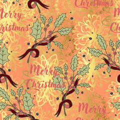 Merry Christmas vector seamless pattern with holly branches tied with ribbons, golden snowflakes and lettering. Holly Jolly Christmas