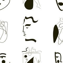 Seamless pattern and hand drawn texture. Contemporary silhouette of woman. Portrait minimalistic style. Hand drawn trendy vector illustrations for print.