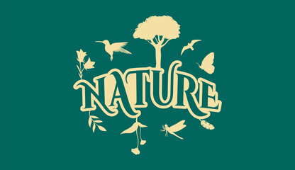 Fototapeta premium Creative Natural Logo Using Word Nature using elements Flower, Hummingbird, bird, Butterfly, Leaf and Dragonfly for adventure, tourism, entertainment, travel, water and food related business