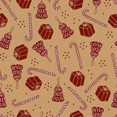 Christmas seamless pattern Christmas tree toy, lollipop and gift box. Vector pattern for wrapping paper and congratulations