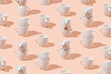 Creative pattern of cups on pastel pink background. Minimal concept. Isometric.