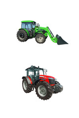 Powerful wheeled agricultural machinery of various designs and purposes isolated on white background
