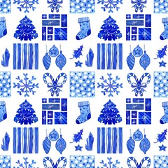 New year background for wrapping christmas gifts with tree, balls and snowflakes 
