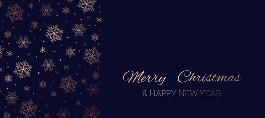 Fototapeta premium Merry Christmas and Happy New year elegant greeting card with rose gold snowflakes. Luxury holiday design template for banner, invitation, wallpaper, background, greeting card etc. Vector illustration