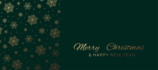Merry Christmas and Happy New year elegant greeting card with golden snowflakes and green background. Luxury holiday design template for banner, invitation, wallpaper, background. Vector illustration