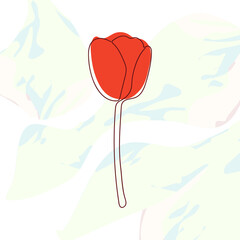 flower tulip drawn by one solid line on the background of red abstract spot line art