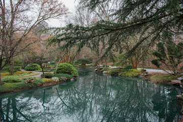 Japanese garden with teal pond blooming in springtime in Georgia - Powered by Adobe