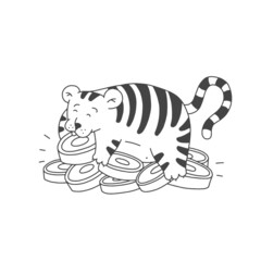 Tiger with money cartoon outline black white cute character. Vector isolated illustration.