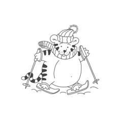 Tiger skier cartoon outline black white cute character. Vector isolated illustration.