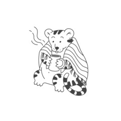 Tiger with hot drink cartoon outline black white cute character. Vector isolated illustration.
