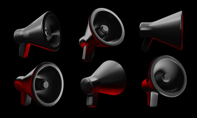 Black megaphone. 3D promotion megaphpnes, loudspeaker vector illustration set