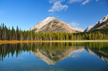 Fototapeta na wymiar Single mountain reflected in the cold lake of the rocky mountains of Alberta