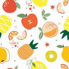 Seamless pattern with different exotic fruits. Apples, pears, pineapple, peach, tangerine. Useful natural vitamins, simple abstract forms, elements. Vector graphics.