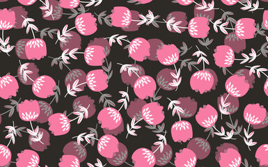 Seamless floral pattern based on traditional folk art ornaments. Colorful flowers on color background. Scandinavian style. Sweden nordic style. Vector illustration. Simple minimalistic pattern