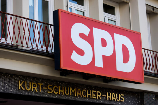 hamburg, hamburg, germany - 14 09 2021: sign of the german spd party on the Kurt-Schumacher-Haus building