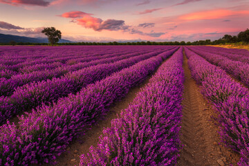 Splendid lavender field at sunset