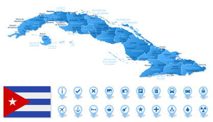Blue map of Cuba administrative divisions with travel infographic icons.