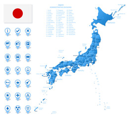 Blue map of Japan administrative divisions with travel infographic icons.