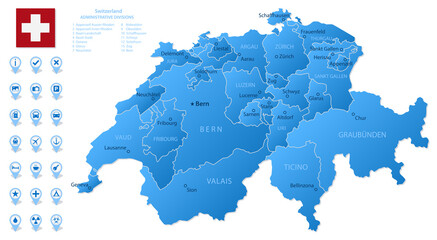 Blue map of Switzerland administrative divisions with travel infographic icons.