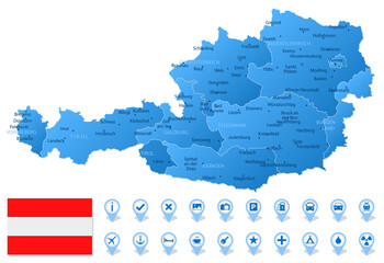 Blue map of Austria administrative divisions with travel infographic icons.