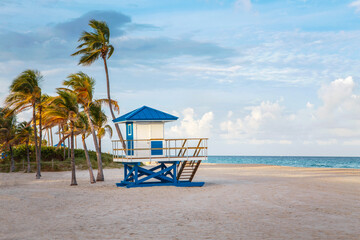 Florida empty beach landscape with palm trees and blue lifeguard house