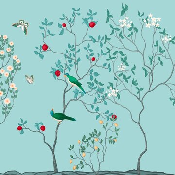 Exotic chinoiserie blue background, wallpaper, murals. A couple of parrots sit on pomegranate branches in the garden with lemon tree and blooming jasmine. Butterflies flutter in the sky