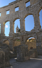 Pula, Croatia - August 20, 2021: Pula Arena - the only remaining Roman amphitheatre to have four side towers entirely preserved