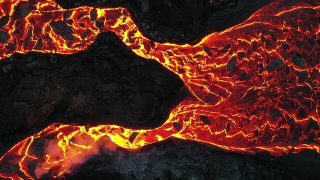 Fagradalsfjall volcano eruption and lava rivers from aerial view