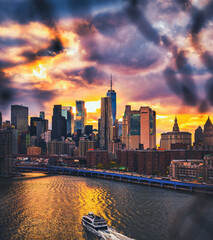 city skyline beautiful place New York sky boat sea river buildings