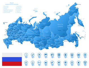 Blue map of Russian Federation administrative divisions with travel infographic icons.