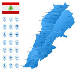 Blue map of Lebanon administrative divisions with travel infographic icons.