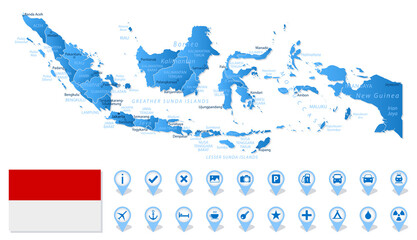 Blue map of Indonesia administrative divisions with travel infographic icons.